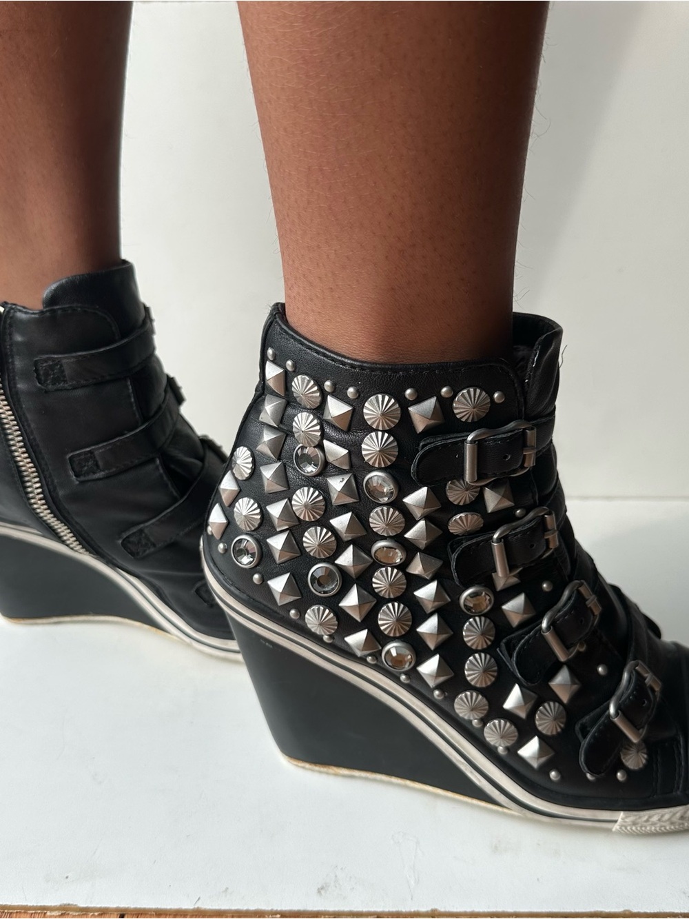 ASH Vintage Black Studded Wedge Sneaker Boots Leather Buckle Zip EU 39 - Picture 4 of 15